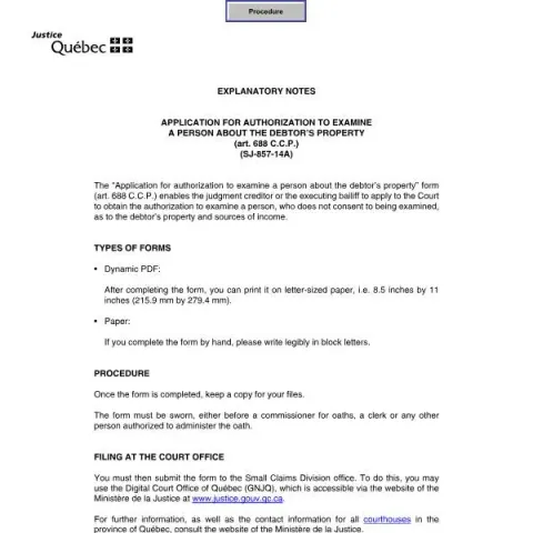 Document preview: Authorization to Examine a Person About Debtor’s Property in Quebec — Legal & justice (SJ-857-14A)