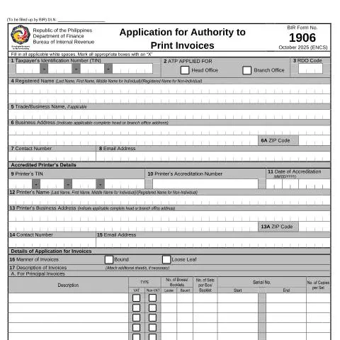 Document preview: Understanding BIR Form No. 1906 for Invoice Printing — Taxes (CERFA n°1906)