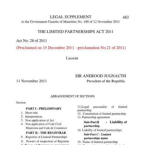 Document preview: Mauritius Limited Partnership Act 2011 Overview — Business (CERFA n°Limited-Partnership-Act-201101-09-2025)