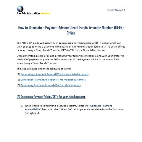 Document preview: Guide to Generating Payment Advice and DFTN Online in Jamaica — Government & admin (CERFA n°Guide_Generating_Payment_Advice_DFTN+online_Ver2_042023)