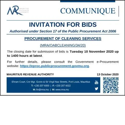 Document preview: Official Invitation for Cleaning Services Bids in Mauritius — Government & admin (CERFA n°CommuniqueProcurement131020)