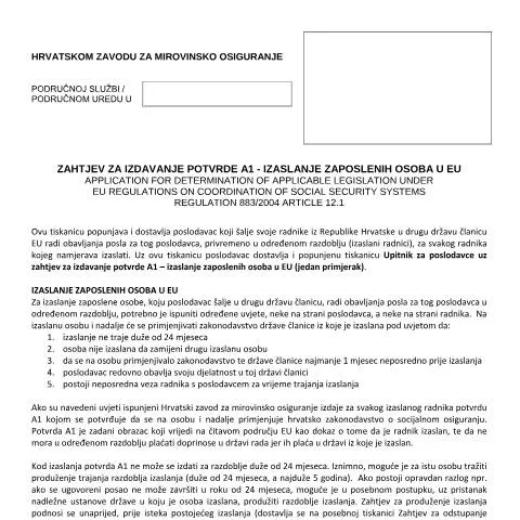 Document preview: Zahtjev A1 za izlasanje zaposlenika u EU — Porezi i fiskalnost (CERFA n°ZAHTJEV_A1_IZASLANJE_ZAPOSLENI)