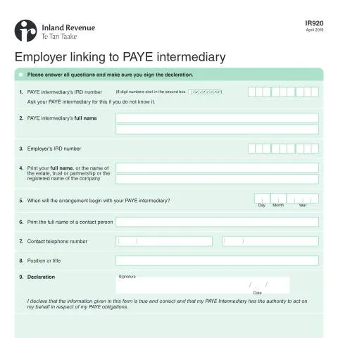 Document preview: The Role of IR920 in New Zealand's PAYE Management — Work & employment (CERFA n°IR920)
