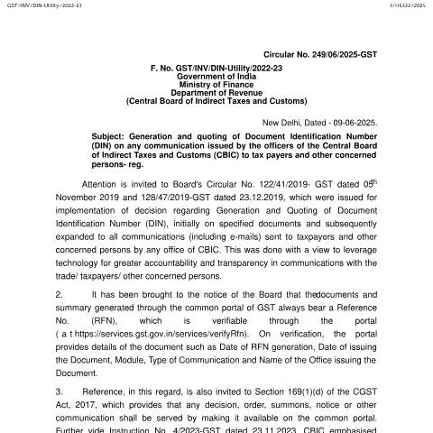 Document preview: Understanding Circular No 249/06/2025-GST on DIN for GST — Government & admin (CERFA n°Circular-No-249-2025)