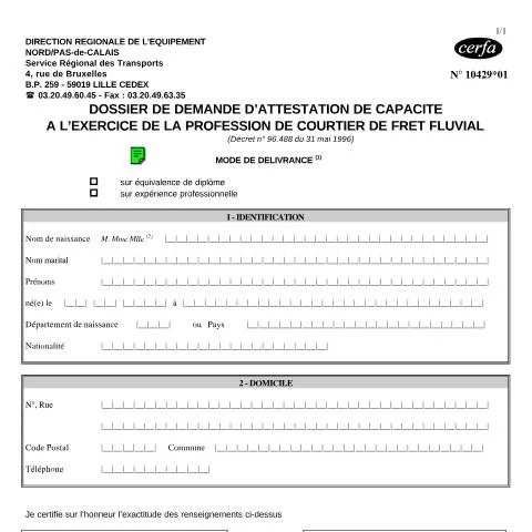 Aperçu du document Comment obtenir son attestation de courtier fret fluvial — Démarches administratives (CERFA n°10429*01)