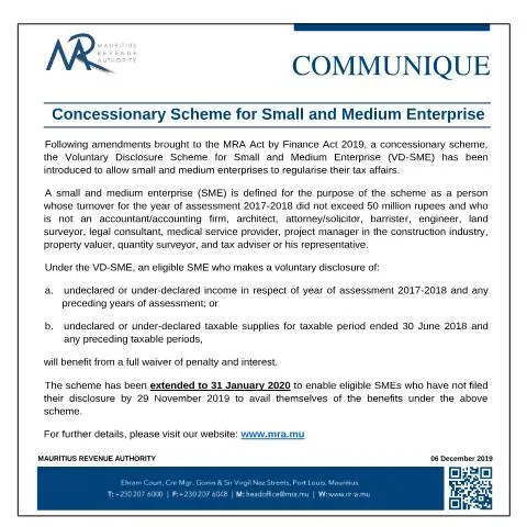 Document preview: Mauritius Small and Medium Enterprise Concession Scheme Overview — Taxes (CERFA n°CommuniqueVDSME061219)
