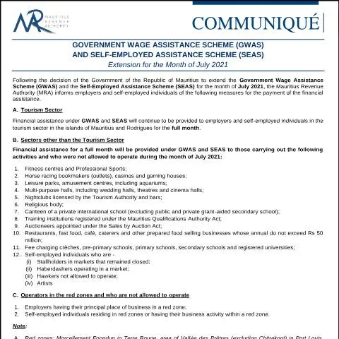 Document preview: Extension of GWAS and SEAS for July 2021 in Mauritius — Benefits & social aid (CERFA n°Communique300721)