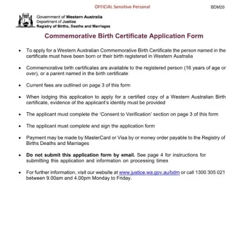 Document preview: How to Apply for a Commemorative Birth Certificate in Western — Civil status & identity (BDM20)