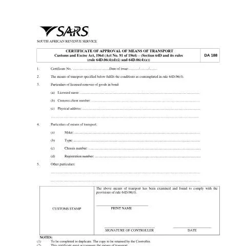 Document preview: Understanding the DA 188 Certificate in South Africa — Government & admin (CERFA n°DA 188)
