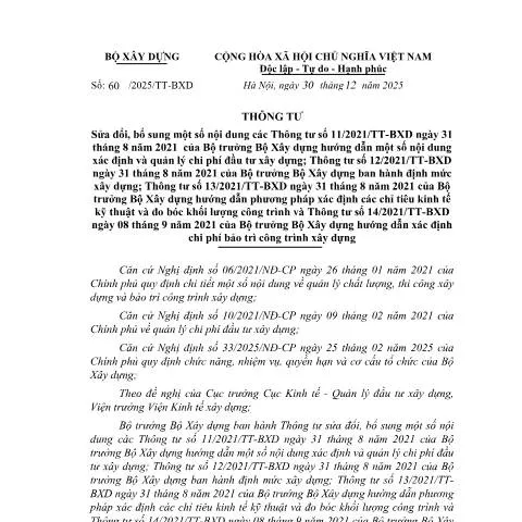 Document preview: Vai trò quan trọng của Thông tư 60/2025/TT-BXD trong ngành xây dựng — Thủ tục hành chính (CERFA n°60/2025/TT-BXD)