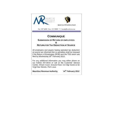 Document preview: Extension of Submission Deadline for Annual ROE and TDS Returns — Taxes (CERFA n°CommuniqueExtensionROE)