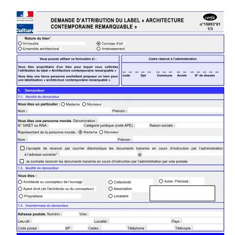 Aperçu du document Formulaire 15853*01 : demander le label ACR pour votre bâtiment — Démarches administratives (CERFA n°15853*01)