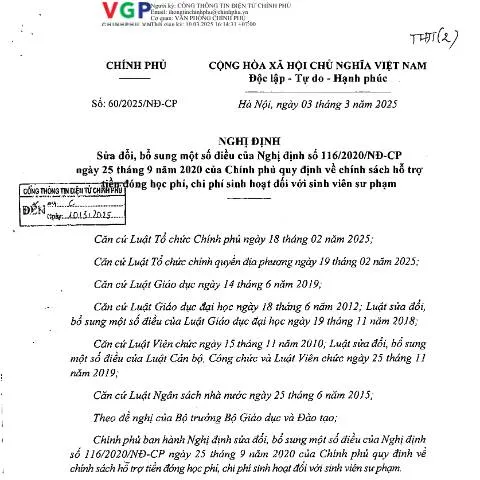 Document preview: Chính Sách Mới về Hỗ Trợ Sinh Viên Sư Phạm — Thủ tục hành chính (CERFA n°60/2025/NĐ-CP)