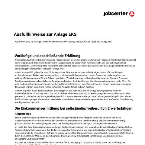Dokumentvorschau: Anlage EKS: Wichtige Hinweise für Selbstständige — Behörden & Verwaltung (CERFA n°hinweis-selbstaendige_ba033025)
