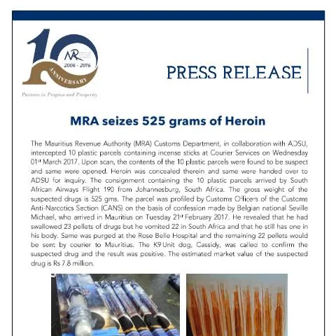 Document preview: Impact of MRA's 525 Grams Heroin Seizure on Mauritius — Government & admin (PressRelease020317)