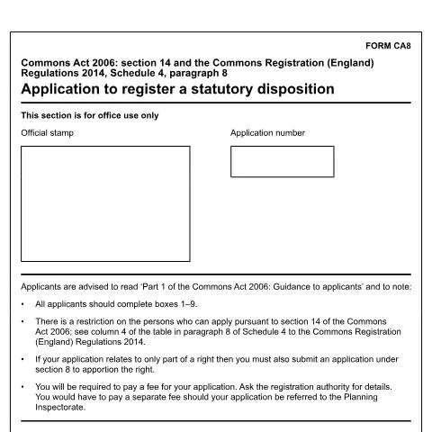Document preview: Navigating Form CA8 for Common Land and Greens — Government & admin