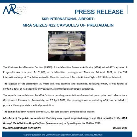 Document preview: Significant Pregabalin Seizure by MRA at SSR International Airport — Government & admin (CERFA n°PressRelease280422)