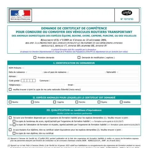 Aperçu du document Demande de certificat pour le transport routier d'animaux — Démarches administratives (CERFA n°15715*03)