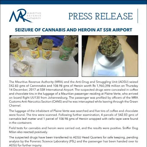 Document preview: Significant Drug Seizure at SSR International Airport — Government & admin (PressRelease141217)