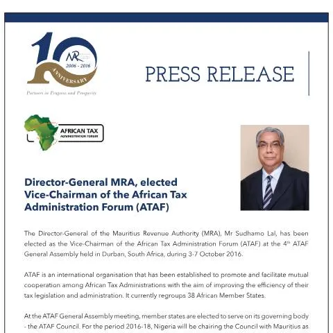 Document preview: Mr. Sudhamo Lal's Election as ATAF Vice-Chairman: A Milestone for — Government & admin (PressReleaseOctober2016)