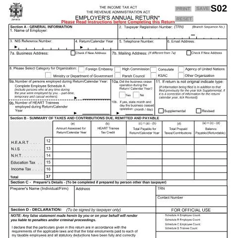 Document preview: Understanding the Employer's Annual Return (S02) Form in Jamaica — Taxes (CERFA n°S02_Return_with_Sch_07132021_012022)