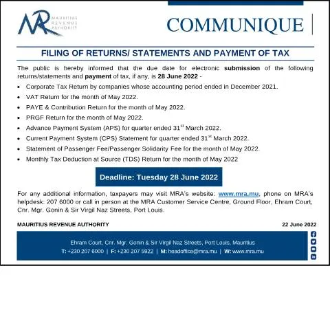 Document preview: Essential Guidelines for Tax Return Filing in Mauritius — Taxes (CERFA n°Communique220622)
