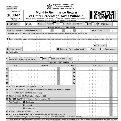 Document preview: Understanding BIR Form No. 1600-PT for Withholding Agents — Government & admin (CERFA n°1600-PT)
