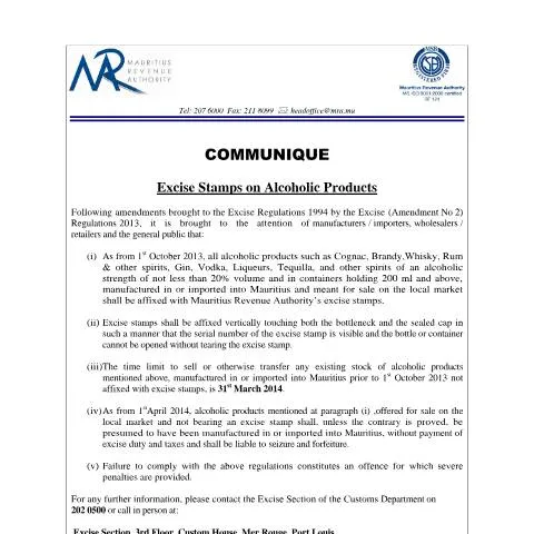 Document preview: Official Notice on Excise Stamps for Alcoholic Beverages in Mauritius — Government & admin (CommuniqueExciseStampAlcoholic2013)