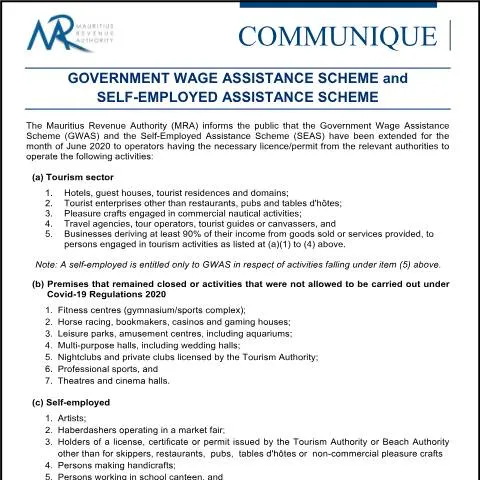 Document preview: Mauritius Government Wage and Self-Employed Assistance Schemes for — Work & employment (CERFA n°Communique230620)