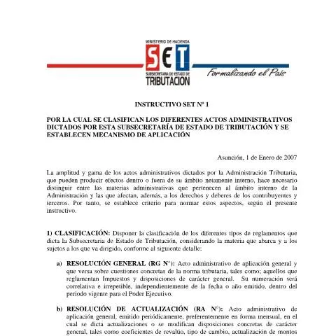 Vista previa del documento Guía del Instructivo SET Nº 1 07 para clasificación de actos — Trámites administrativos