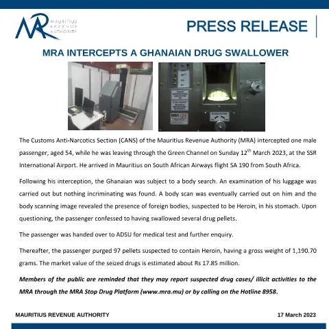 Document preview: MRA's Proactive Measures Against Drug Trafficking in Mauritius — Government & admin (PressRelease170323)
