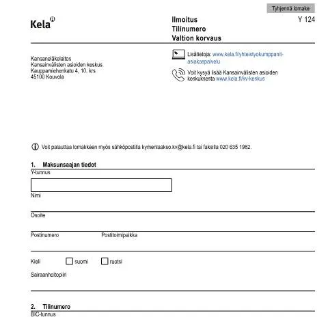 Document preview: Kelan Ilmoitus - Tilinumero - Valtion korvaus -lomake — Hallinnolliset asiat (CERFA n°Kela Y 124)