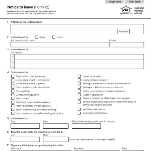 Document preview: Understanding the Notice to Leave (Form 12) in Queensland Tenancy Law — Housing (Form 12)