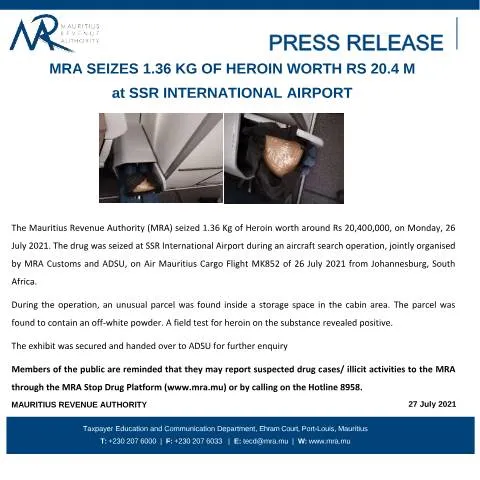 Document preview: Heroin Seizure at SSR International Airport — Government & admin (CommuniqueHeroin270721)