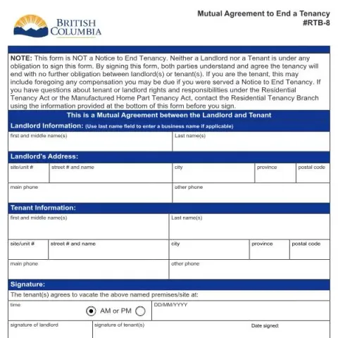 Document preview: Understanding the Mutual Agreement to End a Tenancy Form in British — Housing (RTB-8)