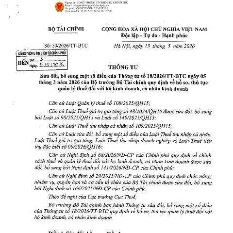Document preview: Điểm mới trong Thông tư 50/2026/TT-BTC về quản lý thuế — Thuế & tài chính (CERFA n°50/2026/TT-BTC)