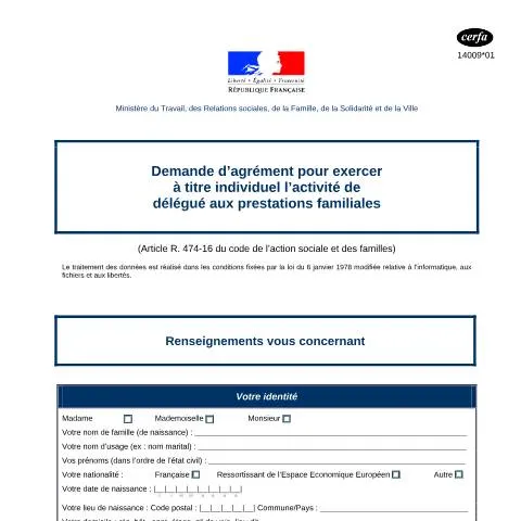 Aperçu du document Agrément pour délégué aux prestations familiales : guide complet — Emploi & travail (CERFA n°14009*01)
