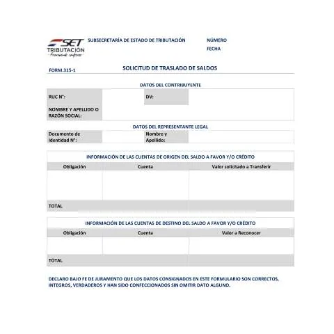 Vista previa del documento Formulario N° 315 para traslado de saldos en Paraguay — Impuestos (CERFA n°F315)