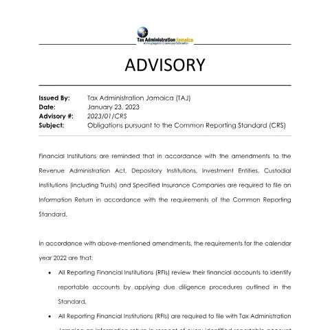 Document preview: Understanding Jamaica's CRS Reporting Requirements for 2023 — Taxes (CERFA n°CRS_Advisory_30_1_2023)