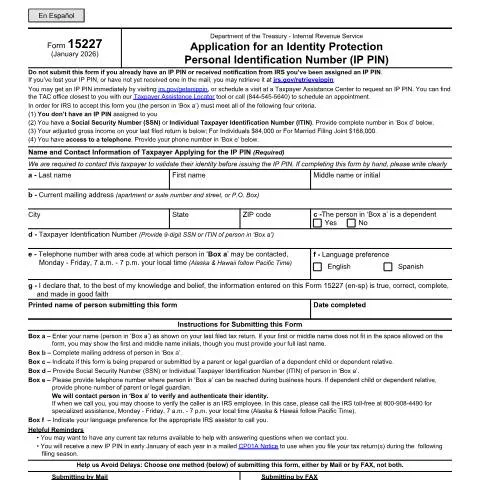 Document preview: Essential Steps to Obtain Your IRS IP PIN Using Form 15227 — Taxes (CERFA n°15227)