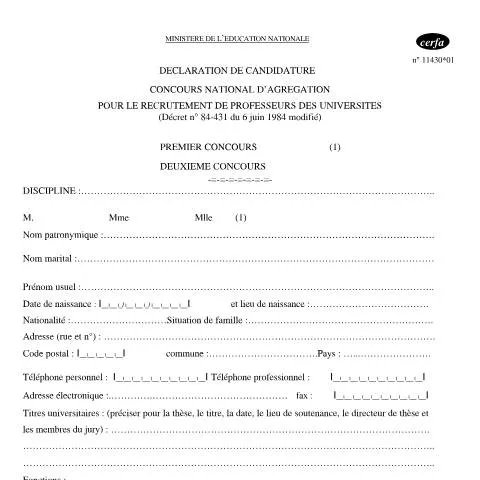 Aperçu du document Déclaration de candidature agrégation enseignement supérieur — Études & formation (CERFA n°11430*01)