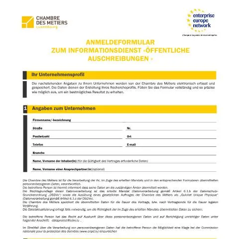 Aperçu du document Inscription à la liste des appels d'offres transfrontaliers — Démarches administratives (CERFA n°anmeldeformular-zum-service-veille-sur-les-marches-publics)