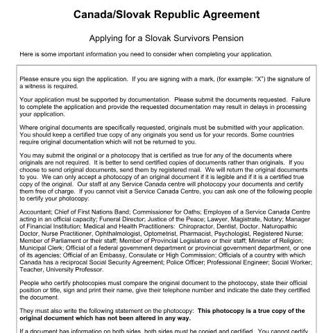 Document preview: Guide to Applying for Slovak Survivors Pension in Canada — Health (CERFA n°CAN-SK_1_(S))