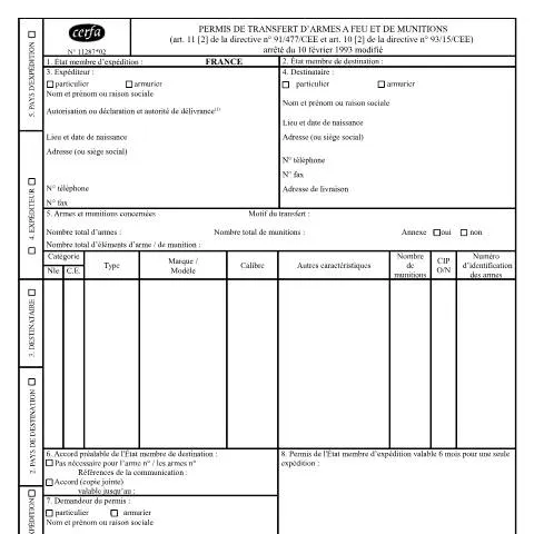 Aperçu du document Autorisation de transport d'armes à feu vers l'Union européenne — Juridique & justice (CERFA n°11287*02)