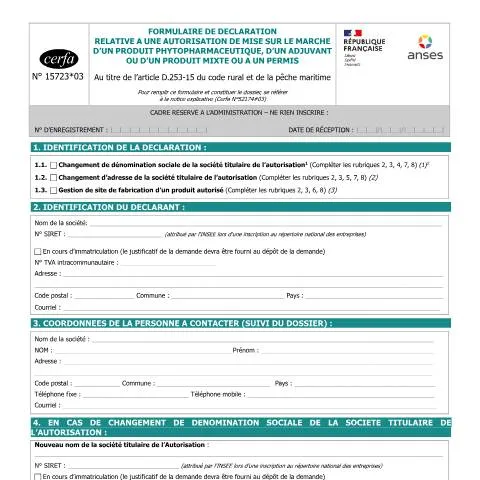 Aperçu du document Déclaration AMM phytopharmaceutique : comprendre le formulaire — Démarches administratives (CERFA n°15723*03)