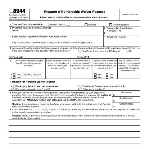 Document preview: Navigating IRS Form 8944 for Tax Preparers — Taxes (CERFA n°8944)
