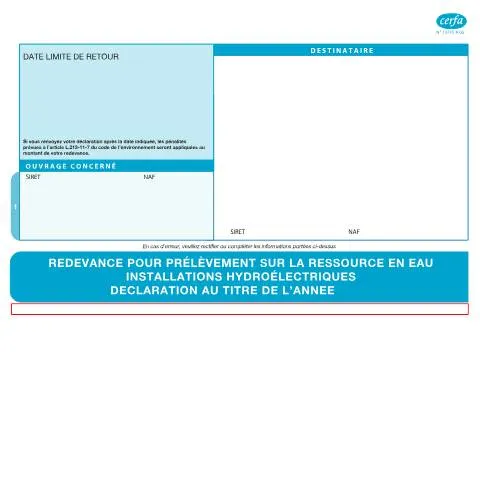 Aperçu du document Déclaration annuelle de redevance hydroélectrique : guide pratique — Démarches administratives (CERFA n°13735*06)
