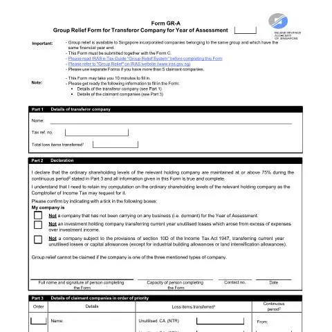 Document preview: Understanding the Group Relief Form (Form GR-A) for Transferor — Taxes (CERFA n°GROUP-RELIEF-FORM-FOR-TRANSFEROR-COMPANY-(FORM-GR-A))