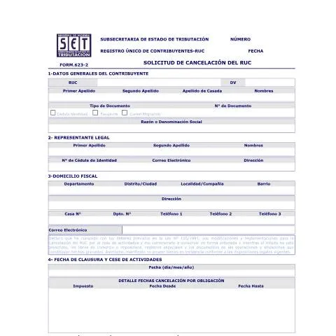 Vista previa del documento Cómo completar el formulario RUC 623 en Paraguay — Trámites administrativos
