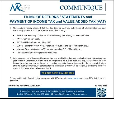 Document preview: Key Insights on Tax Filing and Payments in Mauritius — Taxes (CERFA n°CommuniqueImportantDates)